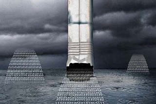 Zeroes and ones emerging from a pipe against dark cloudy sky
