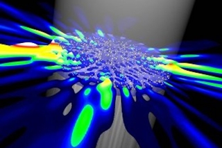 The image shows a planar realization of a random laser that is pumped with incoherent light from the top and emits coherent light in random directions. In a random laser, light is confined to a gain medium not by conventional mirrors but by random multiple scattering.