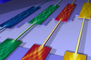 Microscopic image (with fake images) of a chip used in quantum optomechanics 